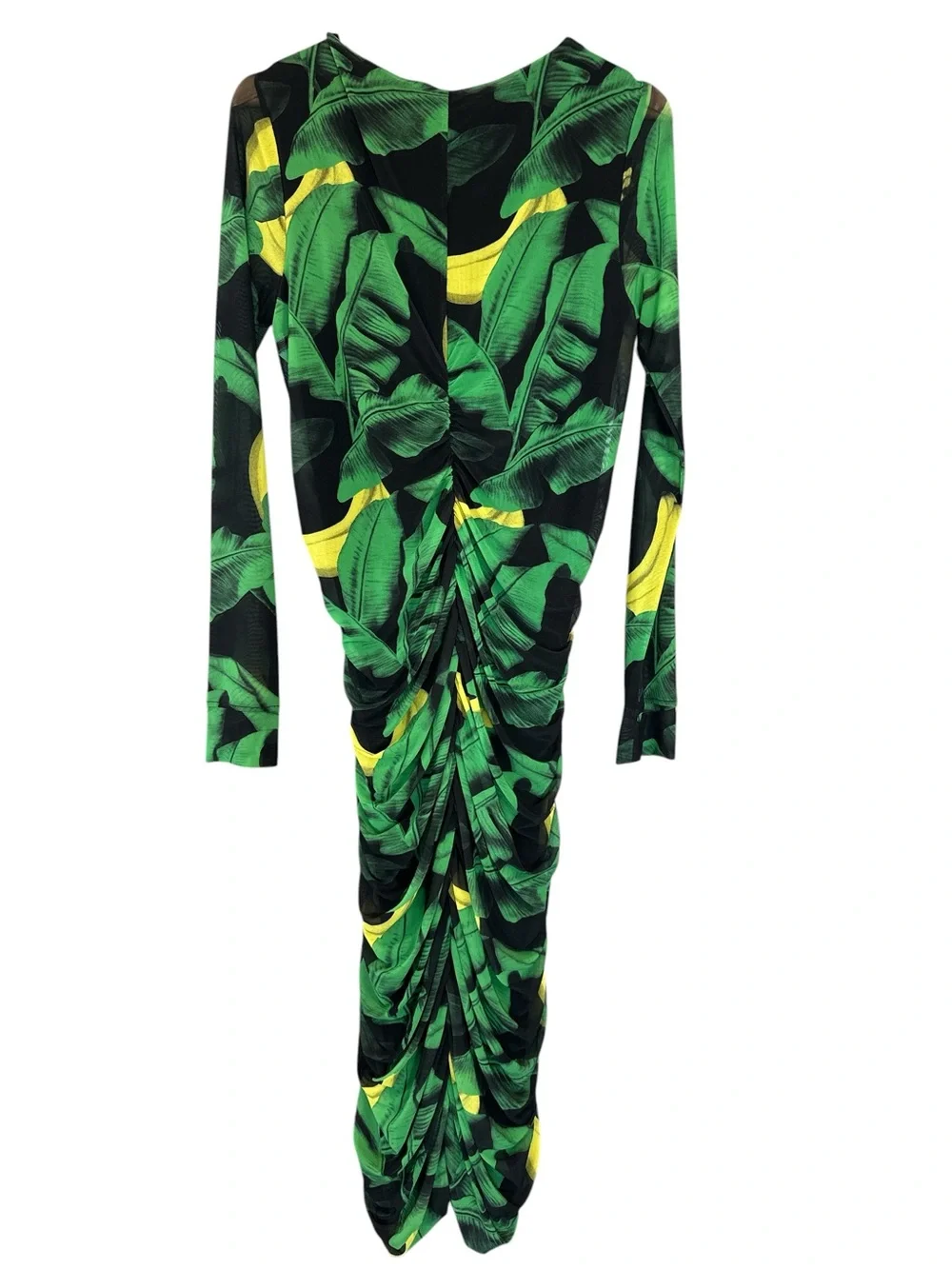 Ganni Tulle Ruched Gathered Bodycon Midi Dress Green Floral Print